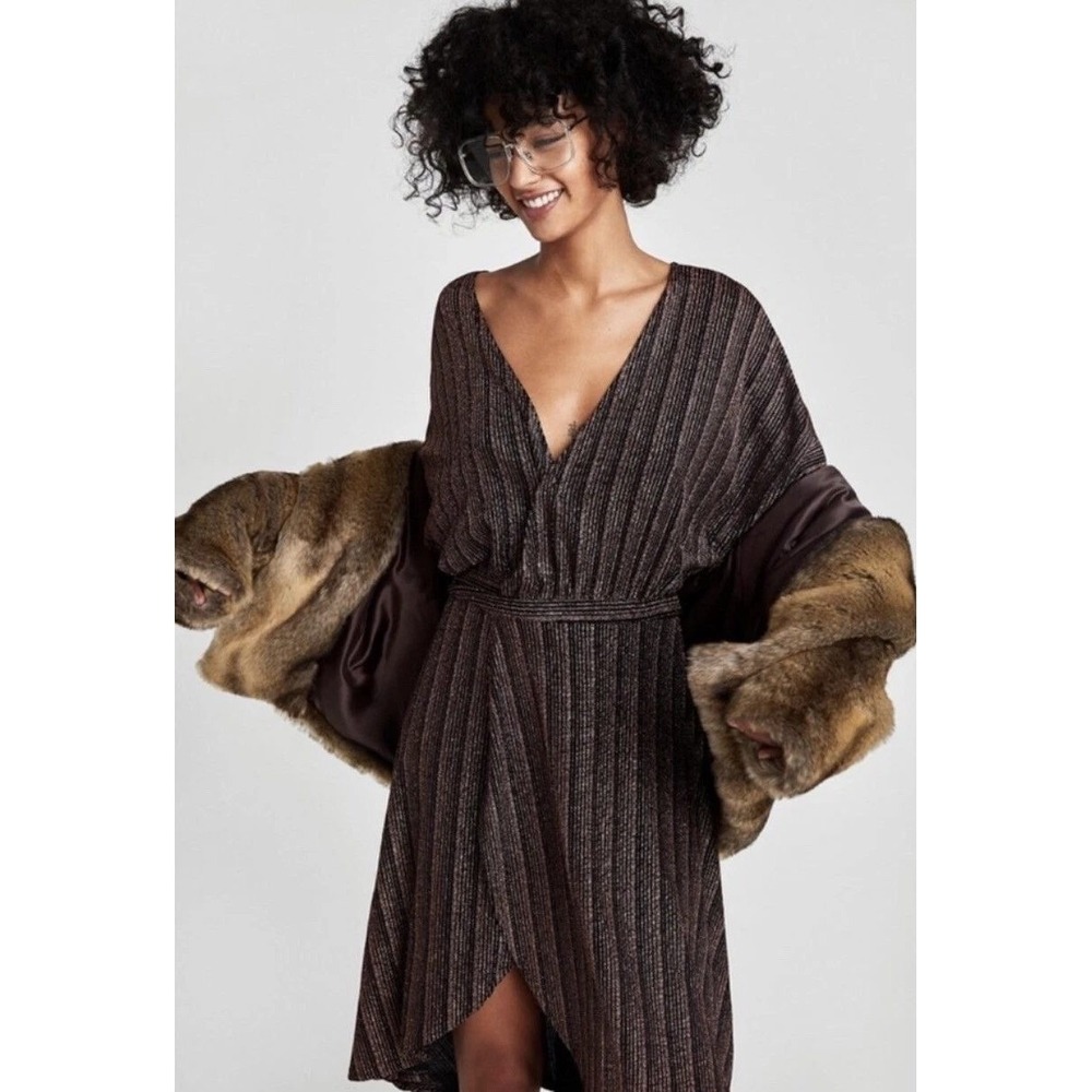 Zara Bronze Metallic Striped Kimono Wrap Dress V-Neck High-Low Small S - Picture 2 of 9